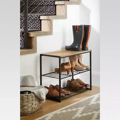 Meuble à chaussures 3 niveaux en métal noir avec bois naturel
