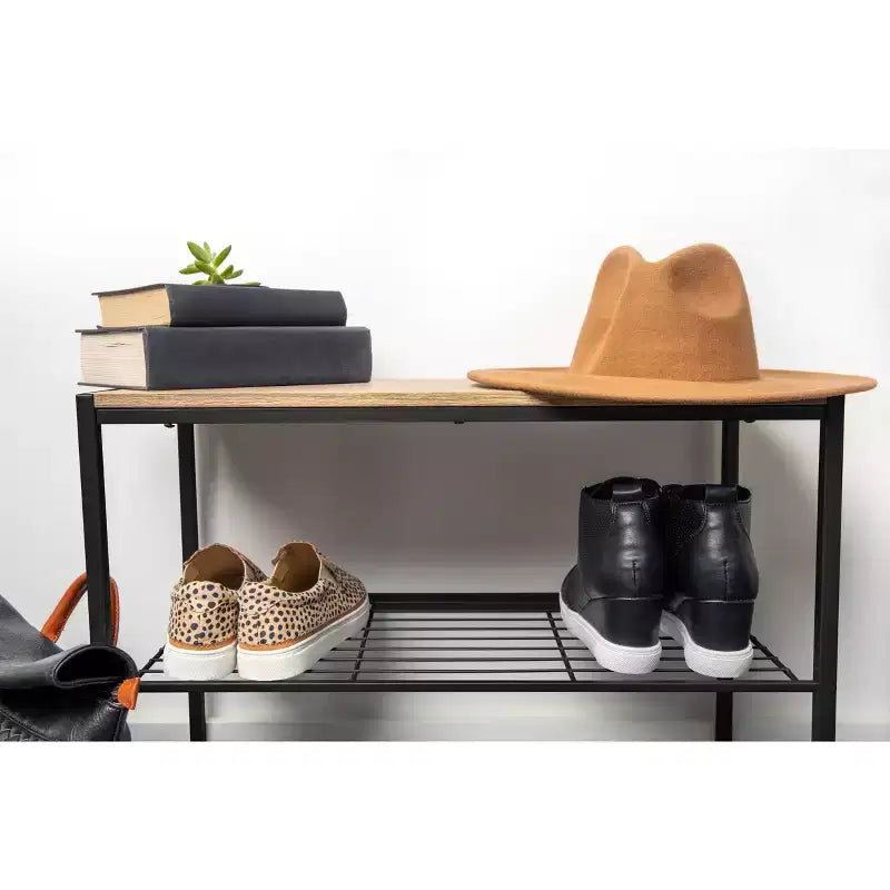 Meuble à chaussures 3 niveaux en métal noir avec bois naturel