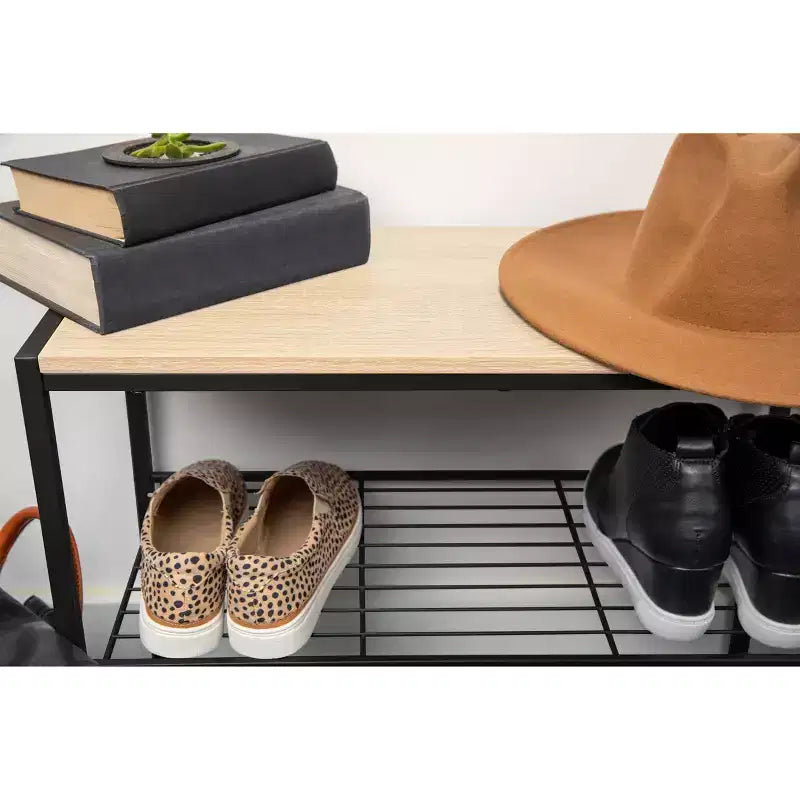 Meuble à chaussures 3 niveaux en métal noir avec bois naturel