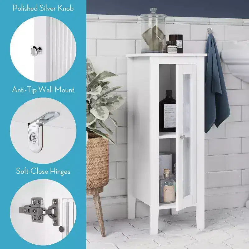 Meuble de rangement de salle de bain étroit à porte simple avec étagères réglables - Blanc