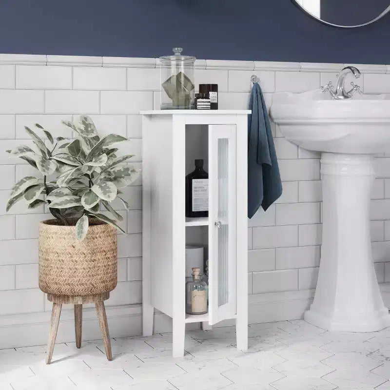 Meuble de rangement de salle de bain étroit à porte simple avec étagères réglables - Blanc