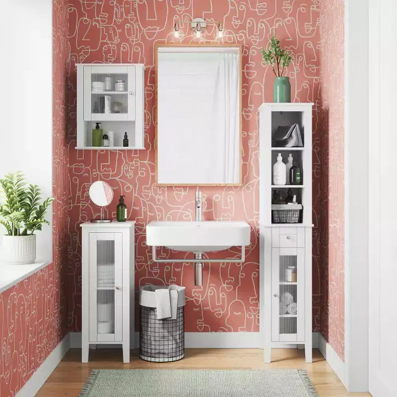Meuble de rangement de salle de bain étroit à porte simple avec étagères réglables - Blanc