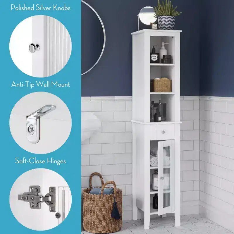 Meuble de rangement haut de salle de bain avec tiroir, porte vitrée et étagères - Blanc
