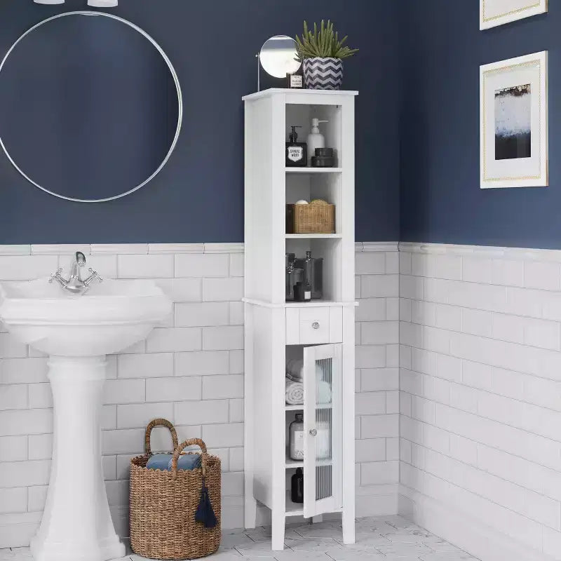 Meuble de rangement haut de salle de bain avec tiroir, porte vitrée et étagères - Blanc