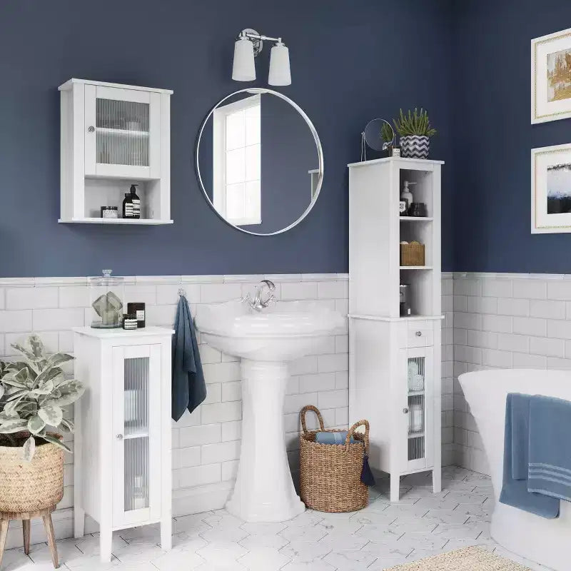Meuble de rangement haut de salle de bain avec tiroir, porte vitrée et étagères - Blanc