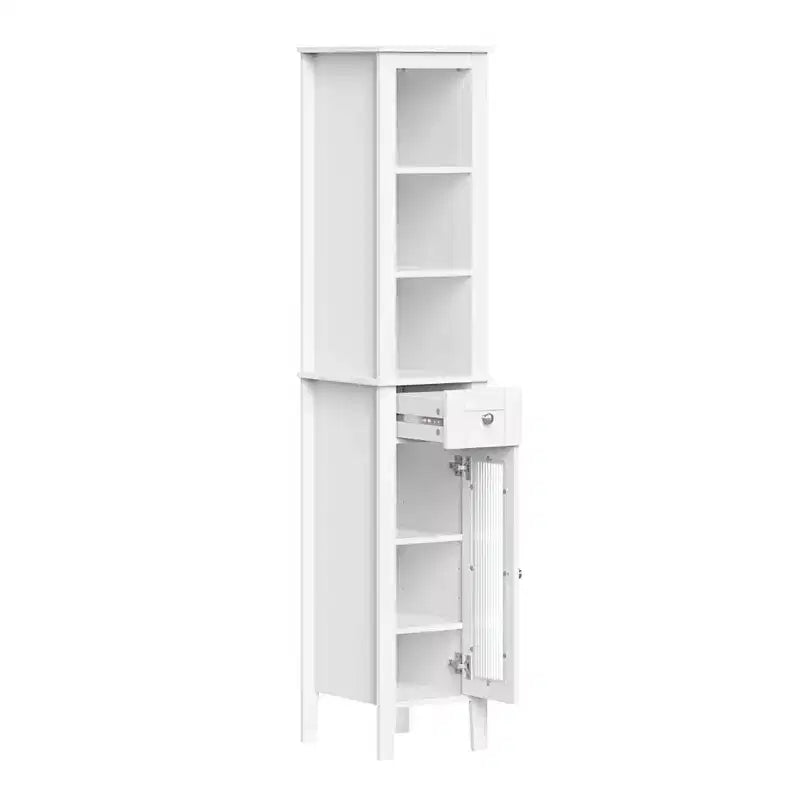 Meuble de rangement haut de salle de bain avec tiroir, porte vitrée et étagères - Blanc