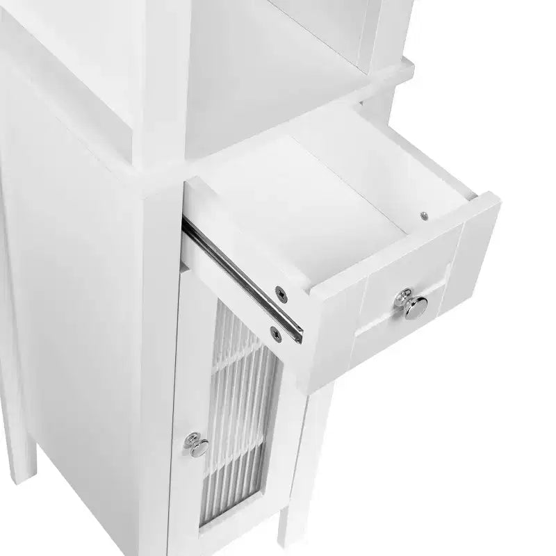 Meuble de rangement haut de salle de bain avec tiroir, porte vitrée et étagères - Blanc