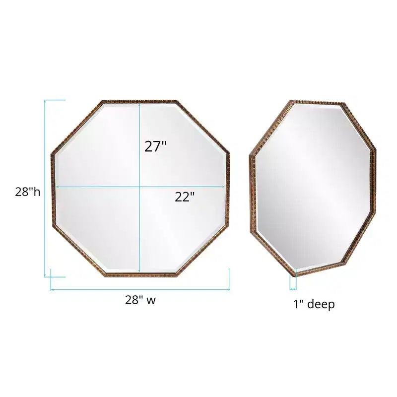 Miroir mural octogonal 28"x28", cadre en fer doré antique, prêt à être accroché