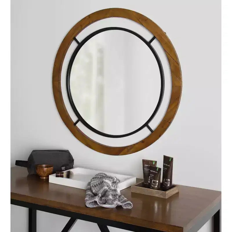 Miroir mural rond 32" x 32" marron - Style shabby-chic, aucun assemblage requis