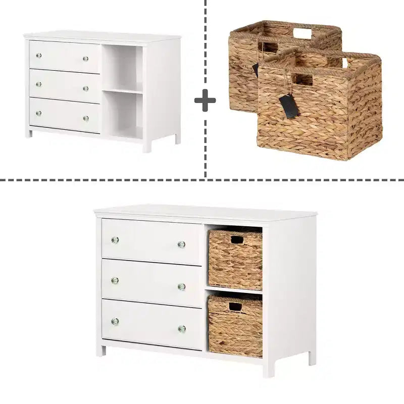 Commode pour enfant à 3 tiroirs avec paniers, blanc pur - Style Ferme