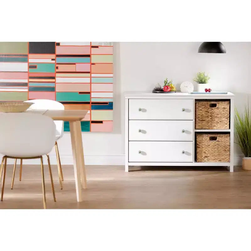 Commode pour enfant à 3 tiroirs avec paniers, blanc pur - Style Ferme
