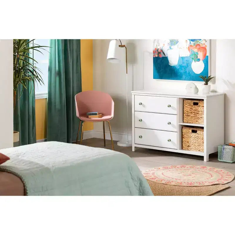 Commode pour enfant à 3 tiroirs avec paniers, blanc pur - Style Ferme