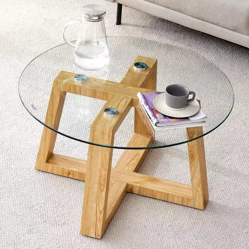 Tables basses circulaires modernes et pratiques, avec plateau en verre trempé transparent, tables de couleur bois pour salons, chambres