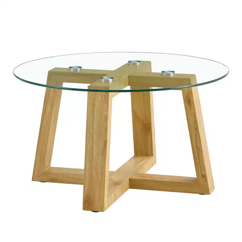 Tables basses circulaires modernes et pratiques, avec plateau en verre trempé transparent, tables de couleur bois pour salons, chambres