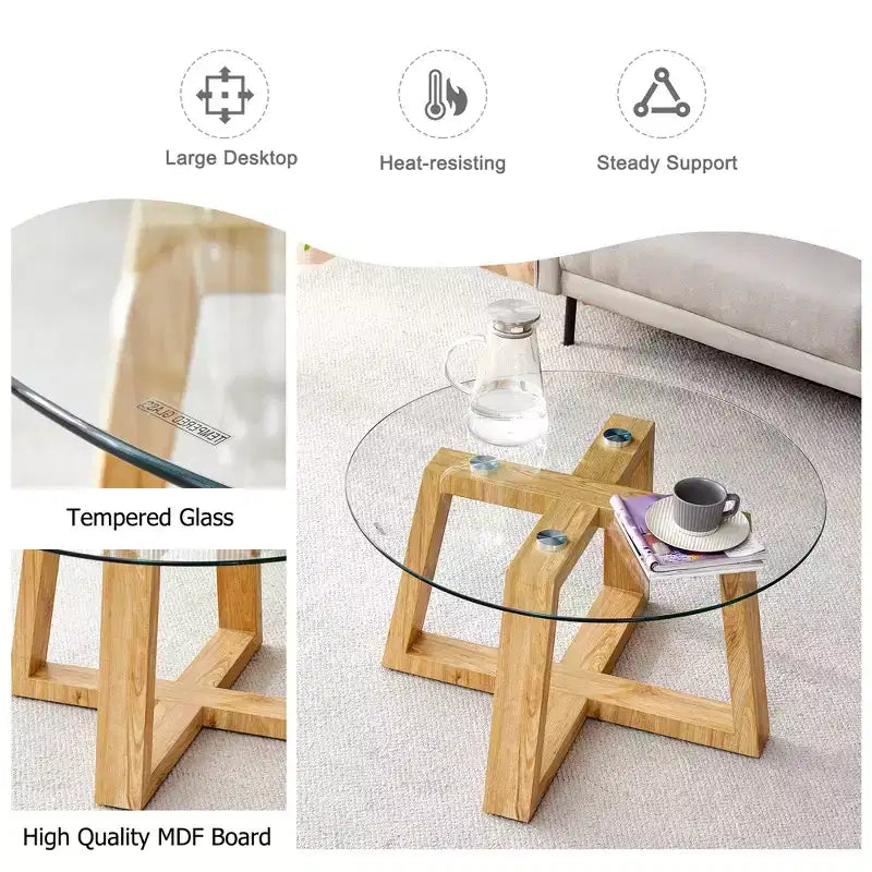 Tables basses circulaires modernes et pratiques, avec plateau en verre trempé transparent, tables de couleur bois pour salons, chambres