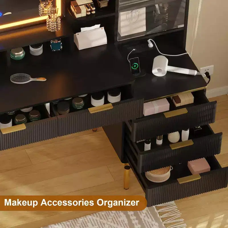 Coiffeuse de Maquillage - Table de Maquillage avec Lumières et Prise de Courant, Coiffeuse Cannelée avec Miroir, 5 Tiroirs