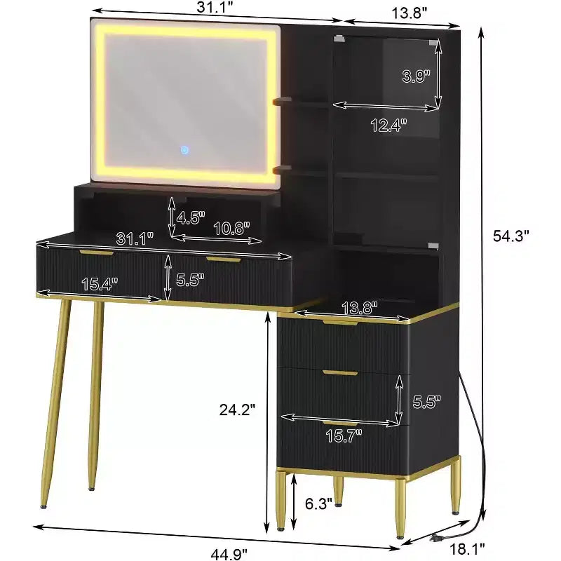 Coiffeuse de Maquillage - Table de Maquillage avec Lumières et Prise de Courant, Coiffeuse Cannelée avec Miroir, 5 Tiroirs