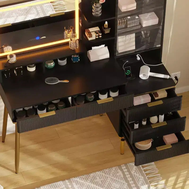 Coiffeuse de Maquillage - Table de Maquillage avec Lumières et Prise de Courant, Coiffeuse Cannelée avec Miroir, 5 Tiroirs