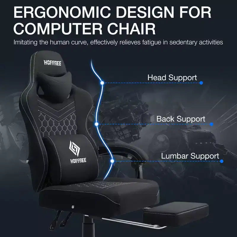 Chaise de massage gaming en tissu respirant avec repose-pieds et chaise de bureau ergonomique réglable pour PC