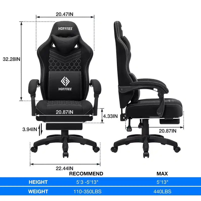 Chaise de massage gaming en tissu respirant avec repose-pieds et chaise de bureau ergonomique réglable pour PC