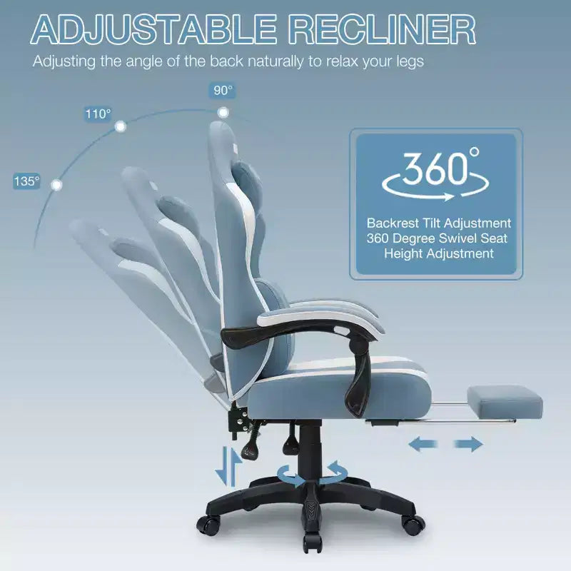 Chaise de massage gaming en tissu respirant avec repose-pieds et chaise de bureau ergonomique réglable pour PC