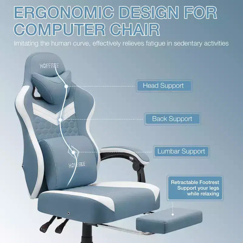 Chaise de massage gaming en tissu respirant avec repose-pieds et chaise de bureau ergonomique réglable pour PC