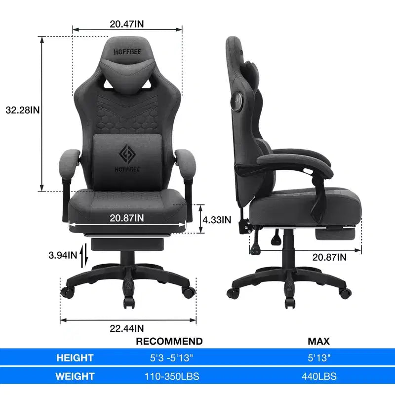 Chaise de massage gaming en tissu respirant avec repose-pieds et chaise de bureau ergonomique réglable pour PC