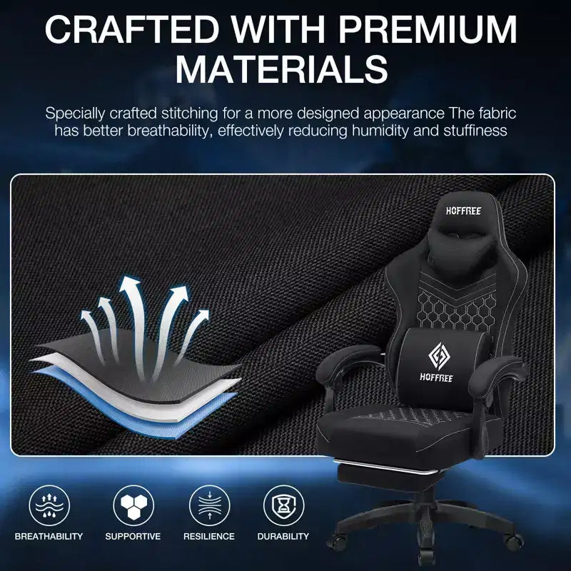 Chaise de massage gaming en tissu respirant avec repose-pieds et chaise de bureau ergonomique réglable pour PC