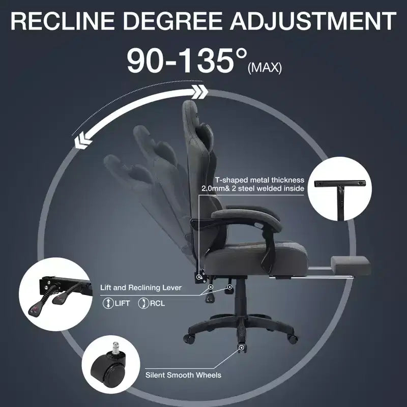 Chaise de massage gaming en tissu respirant avec repose-pieds et chaise de bureau ergonomique réglable pour PC