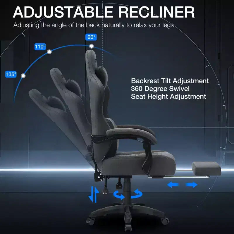 Chaise de massage gaming en tissu respirant avec repose-pieds et chaise de bureau ergonomique réglable pour PC