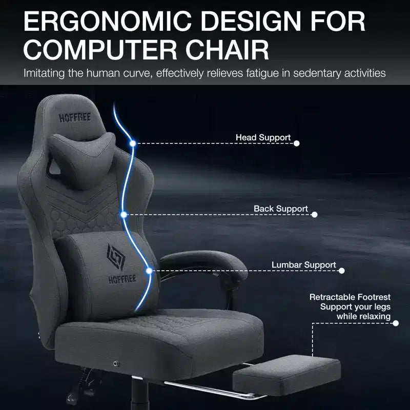 Chaise de massage gaming en tissu respirant avec repose-pieds et chaise de bureau ergonomique réglable pour PC