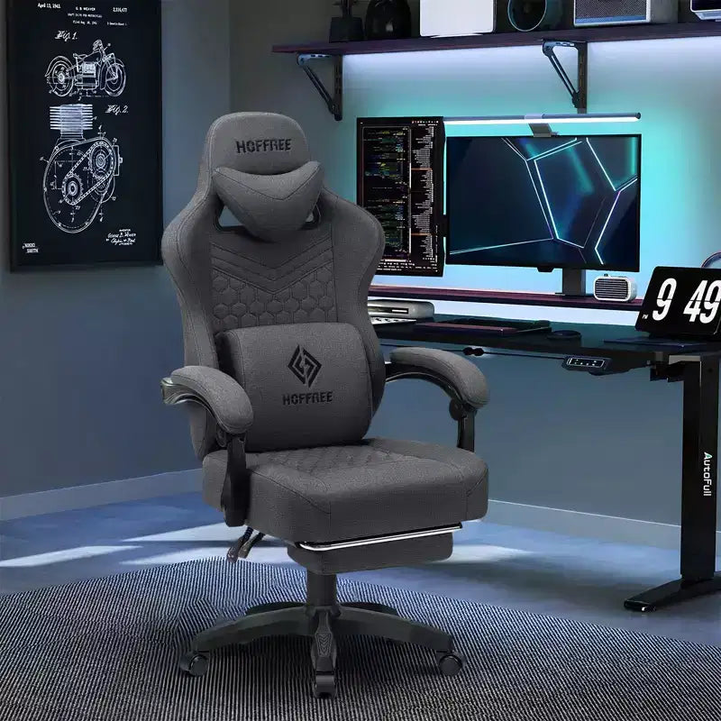 Chaise de massage gaming en tissu respirant avec repose-pieds et chaise de bureau ergonomique réglable pour PC