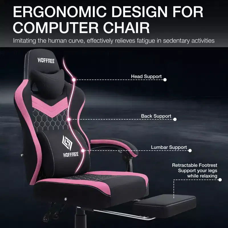 Chaise de massage gaming en tissu respirant avec repose-pieds et chaise de bureau ergonomique réglable pour PC