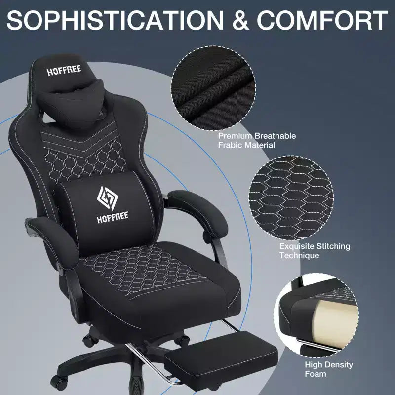 Chaise de massage gaming en tissu respirant avec repose-pieds et chaise de bureau ergonomique réglable pour PC
