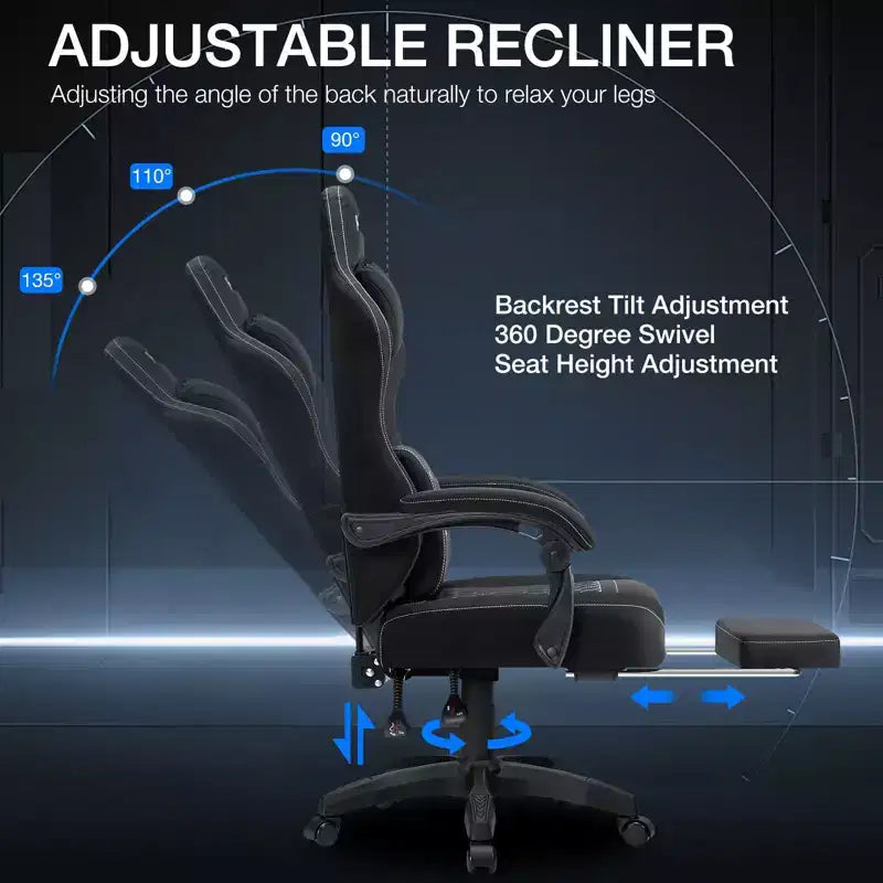 Chaise de massage gaming en tissu respirant avec repose-pieds et chaise de bureau ergonomique réglable pour PC