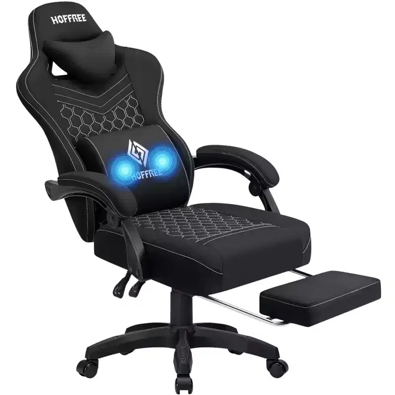 Chaise de massage gaming en tissu respirant avec repose-pieds et chaise de bureau ergonomique réglable pour PC