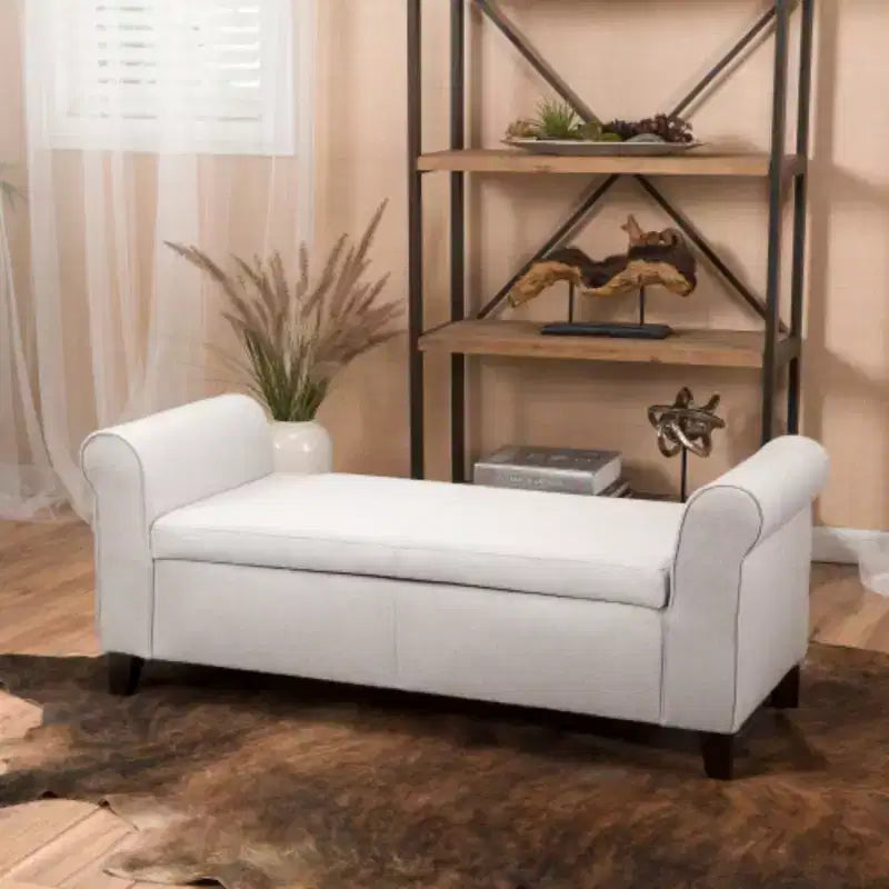 Banc de rangement capitonné blanc avec accoudoirs roulés : Dimensions 50,00 x 20,50 x 19,50 pouces