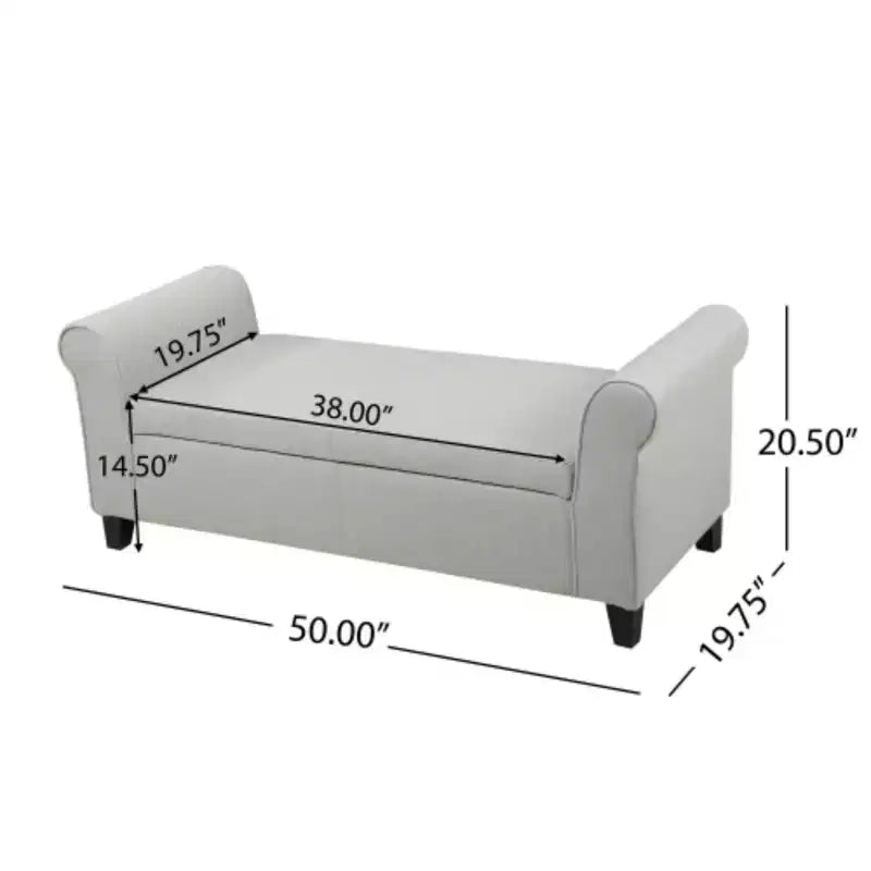 Banc de rangement capitonné blanc avec accoudoirs roulés : Dimensions 50,00 x 20,50 x 19,50 pouces