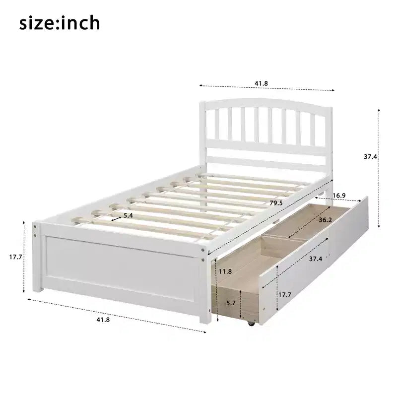 Lit plateforme de taille simple avec deux tiroirs et une tête de lit