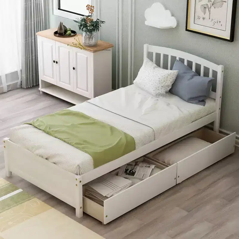 Lit plateforme de taille simple avec deux tiroirs et une tête de lit
