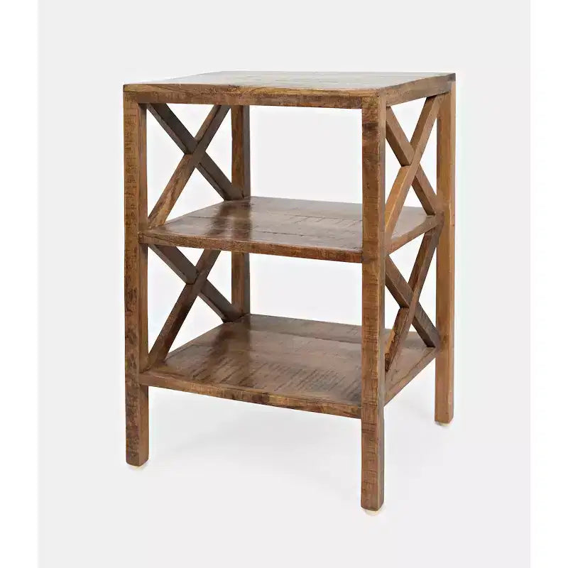 Table d'appoint rustique moderne en bois massif avec côté en X et deux étagères - Or