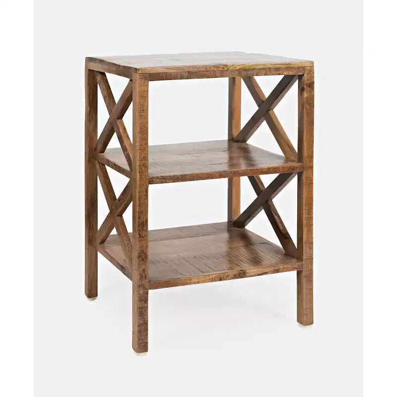 Table d'appoint rustique moderne en bois massif avec côté en X et deux étagères - Or