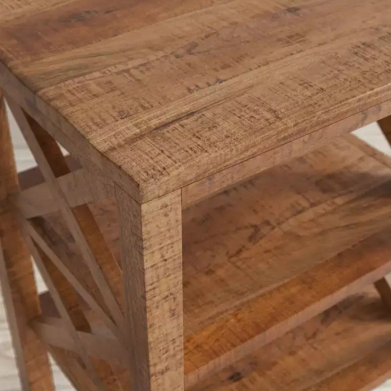 Table d'appoint rustique moderne en bois massif avec côté en X et deux étagères - Or