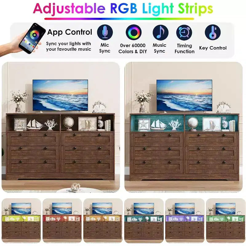 Commode à 6 tiroirs avec LED et multiprise, Commodes et chiffonniers avec armoire de rangement pour chambre, Meuble TV en bois de 55 pouces de large
