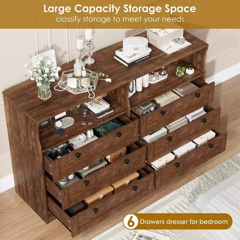 Commode à 6 tiroirs avec LED et multiprise, Commodes et chiffonniers avec armoire de rangement pour chambre, Meuble TV en bois de 55 pouces de large