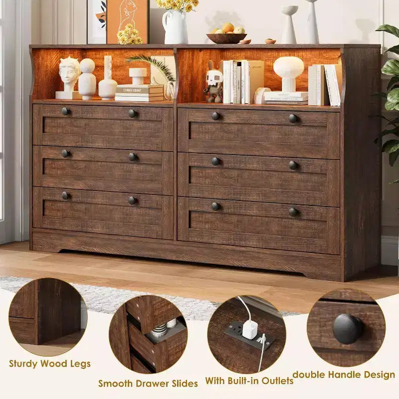 Commode à 6 tiroirs avec LED et multiprise, Commodes et chiffonniers avec armoire de rangement pour chambre, Meuble TV en bois de 55 pouces de large