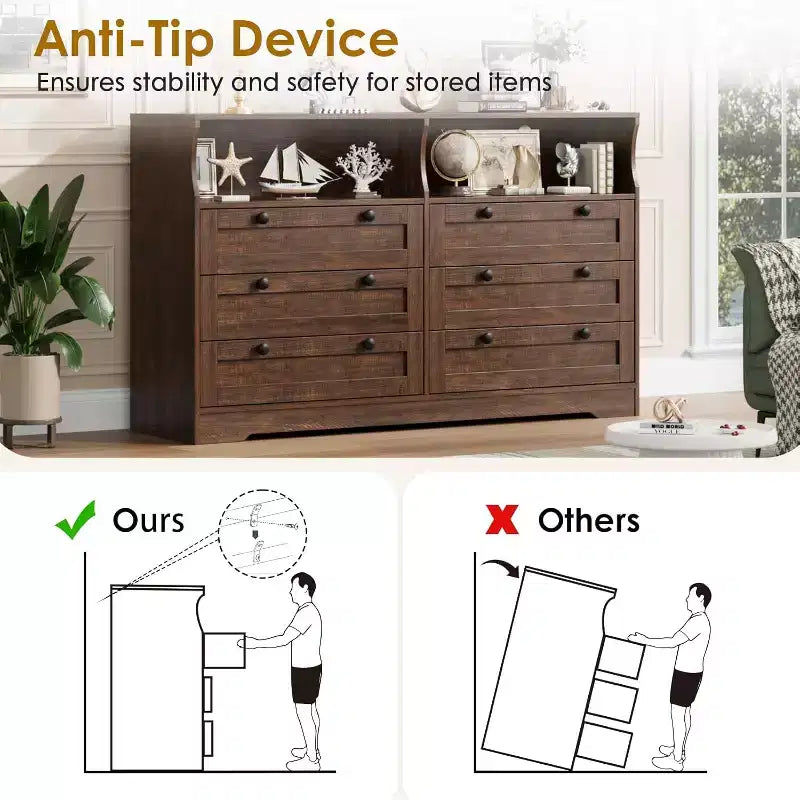 Commode à 6 tiroirs avec LED et multiprise, Commodes et chiffonniers avec armoire de rangement pour chambre, Meuble TV en bois de 55 pouces de large