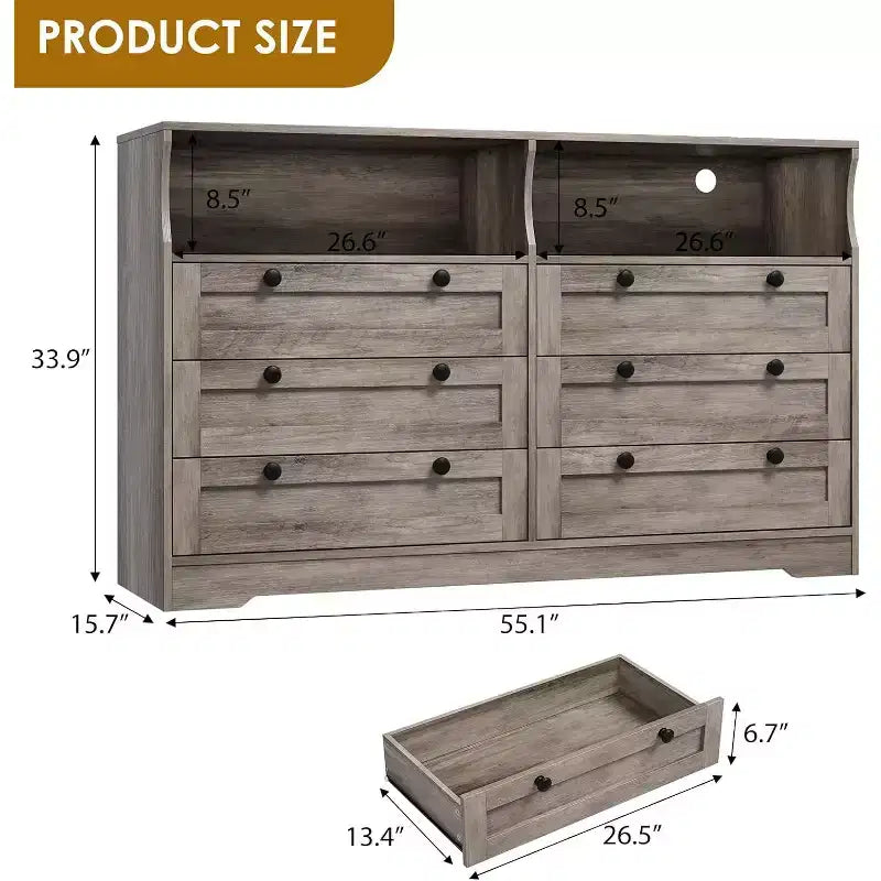 Commode à 6 tiroirs avec LED et multiprise, Commodes et chiffonniers avec armoire de rangement pour chambre, Meuble TV en bois de 55 pouces de large