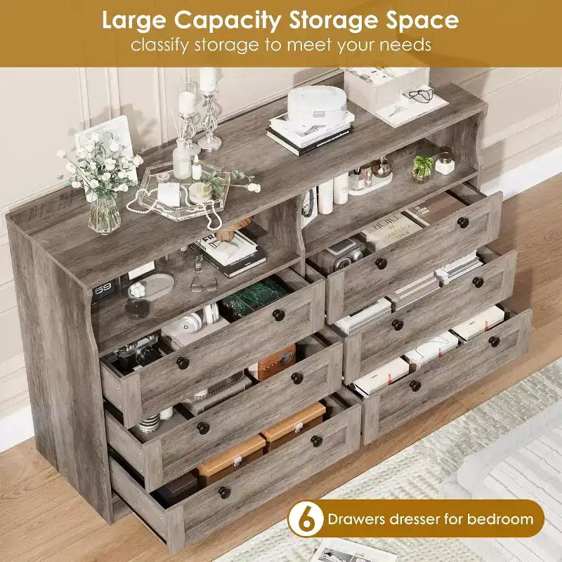 Commode à 6 tiroirs avec LED et multiprise, Commodes et chiffonniers avec armoire de rangement pour chambre, Meuble TV en bois de 55 pouces de large