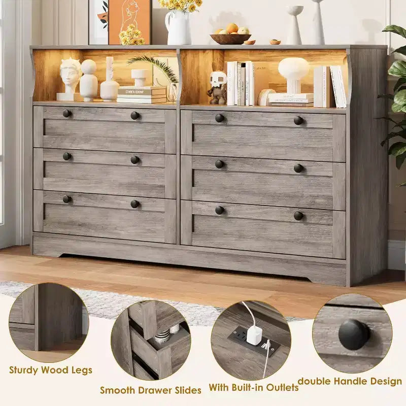 Commode à 6 tiroirs avec LED et multiprise, Commodes et chiffonniers avec armoire de rangement pour chambre, Meuble TV en bois de 55 pouces de large